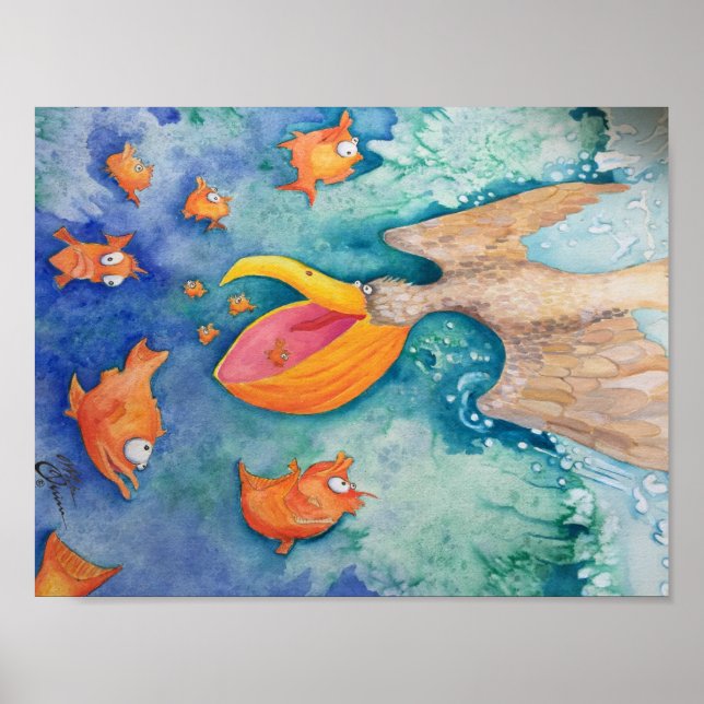 "Take the plunge!" Pelican & Fish Art Poster (Front)