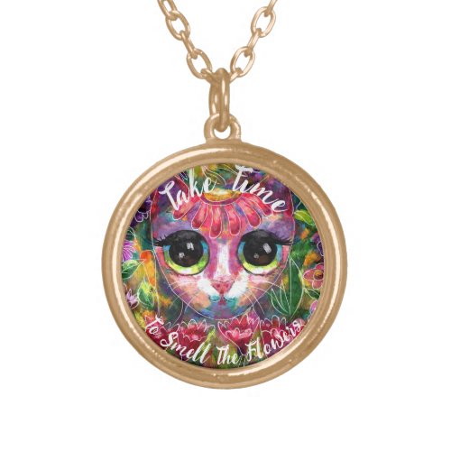 Take Time To Smell The Flowers Cat Painting Floral Gold Plated Necklace