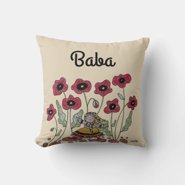 Take Time to Smell the Poppies Baba Throw Pillow (Front)