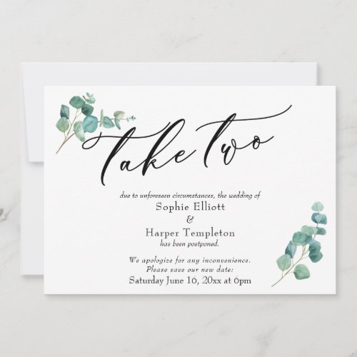 Take Two Eucalyptus Postponed Wedding Announcement