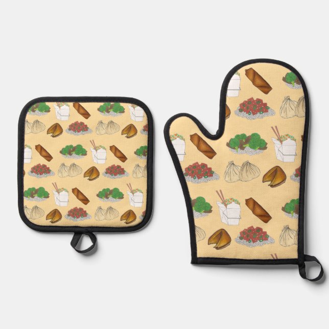 Takeaway Chinese Restaurant Takeout Food Cuisine Oven Mitt & Pot Holder Set (Front)