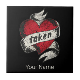 Taken And In Love Vintage Tattoo Heart Engagement Ceramic Tile