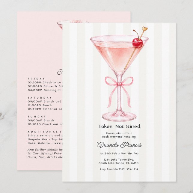 Taken Not Stirred Pink Martini Bachelorette Invitation (Front/Back)