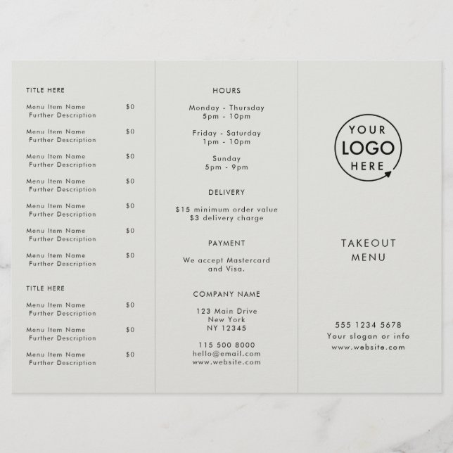 Takeout | Gray Logo Restaurant Takeaway Menu (Front)