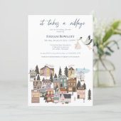 Takes a Village Winter Stork Delivery Baby Shower Invitation (Standing Front)