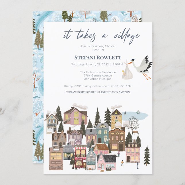 Takes a Village Winter Stork Delivery Baby Shower Invitation (Front/Back)