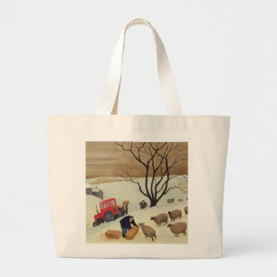 Taking Hay to the Sheep by Tractor Large Tote Bag