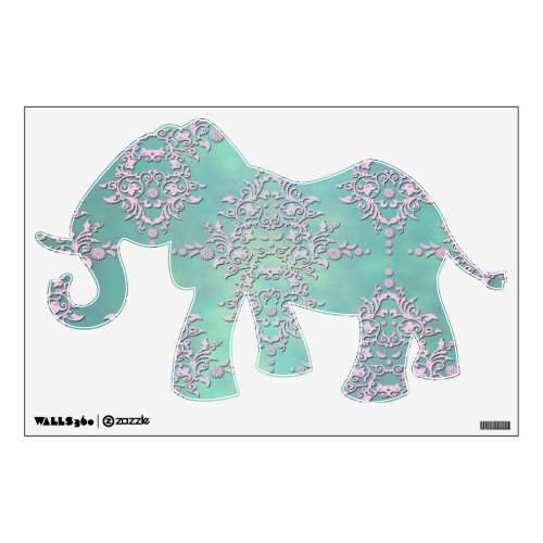 Tal Green and Lavender Damask Fancy Elephant Wall Decal