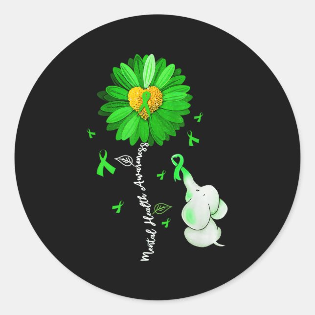 Tal Health Awareness Green Ribbon Elephant Classic Round Sticker (Front)