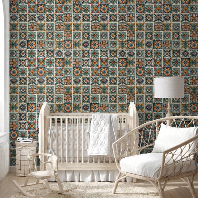 Talavara Tile Patterned Wallpaper in Sunset Colors (Kids)