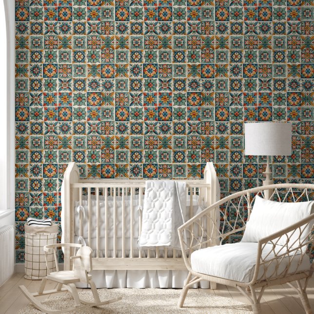 Talavara Tile Patterned Wallpaper in Sunset Colors Wallpaper (Kids)