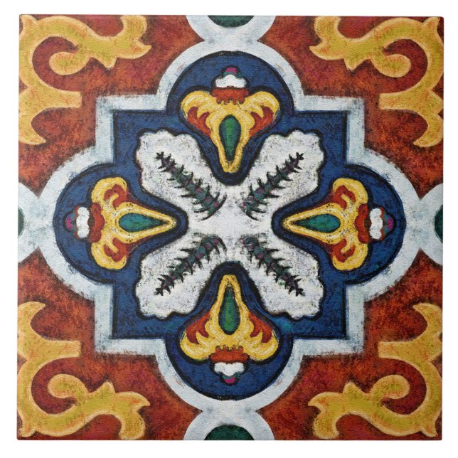 Talavera 03 Red Yellow Blue Mediterranean Geo Ceramic Tile (Front)