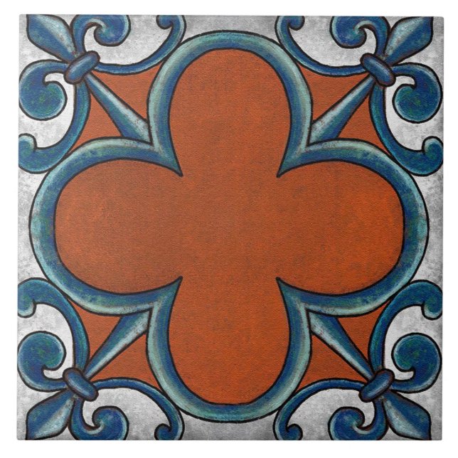 Talavera 07 Rust Blue Grey Mediterranean Geo Ceramic Tile (Front)