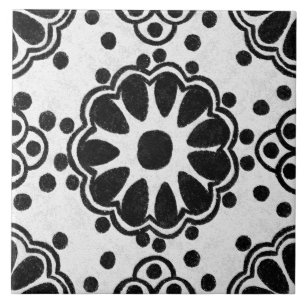 Talavera 12 Black White Grey Mediterranean Floral Ceramic Tile