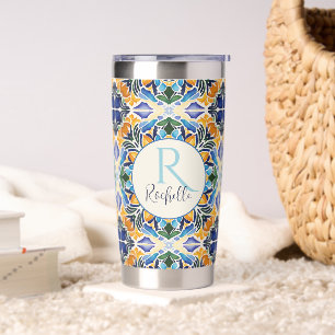 Talavera azulejo blue bridesmaids gifts monogram insulated tumbler