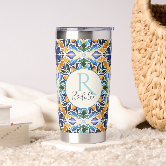 Talavera azulejo blue bridesmaids gifts monogram insulated tumbler (Living Room)