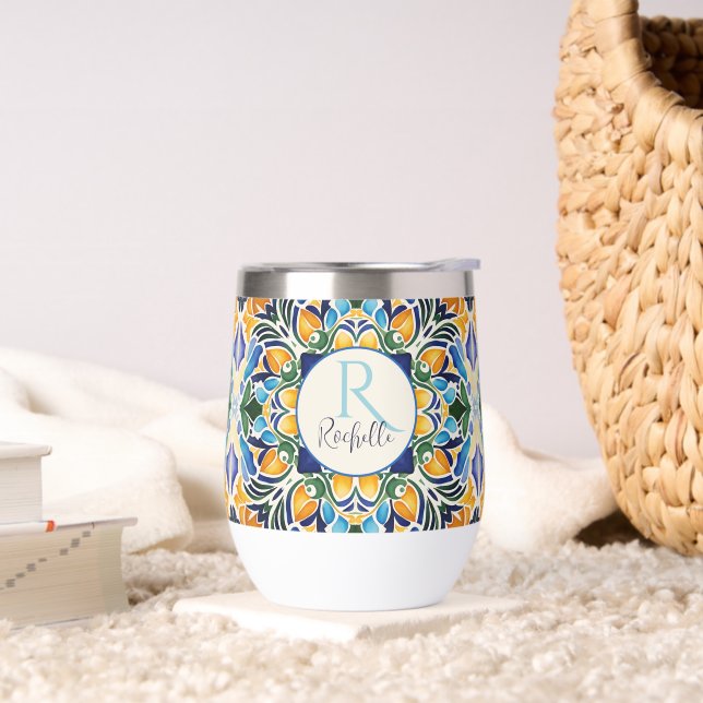 Talavera azulejo blue bridesmaids gifts monogram thermal wine tumbler (Living Room)