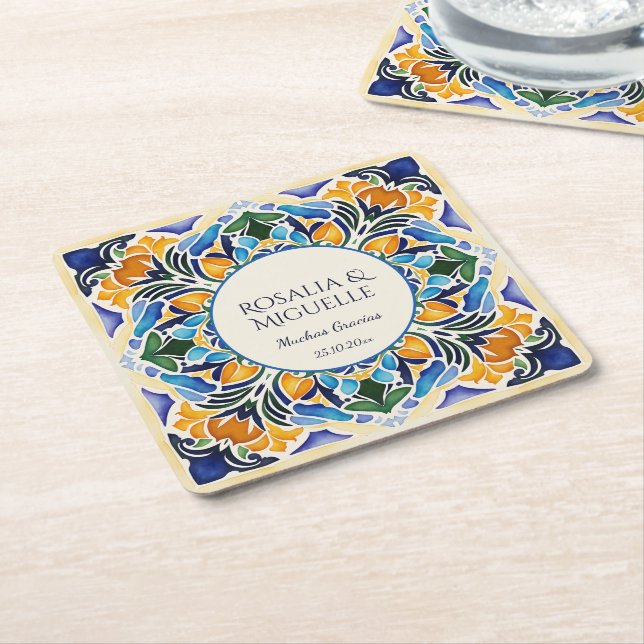 Talavera azulejo blue tile  favors vintage Mexican Square Paper Coaster (Angled)
