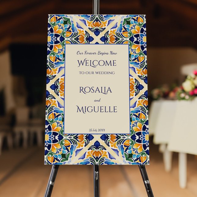 Talavera azulejo blue tile Mexican wedding welcome Foam Board (Talavera azulejo blue tile vintage Mexican wedding welcome sign Board personalized entrance decor)