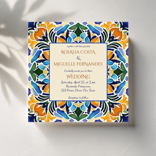 Talavera azulejo blue tile vintage Mexican wedding Invitation