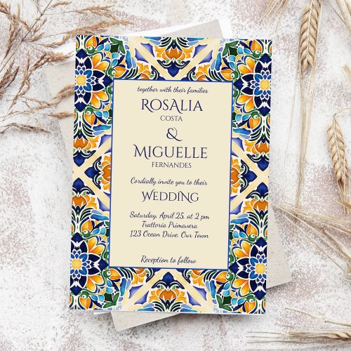 Talavera azulejo blue tile vintage Mexican wedding Invitation