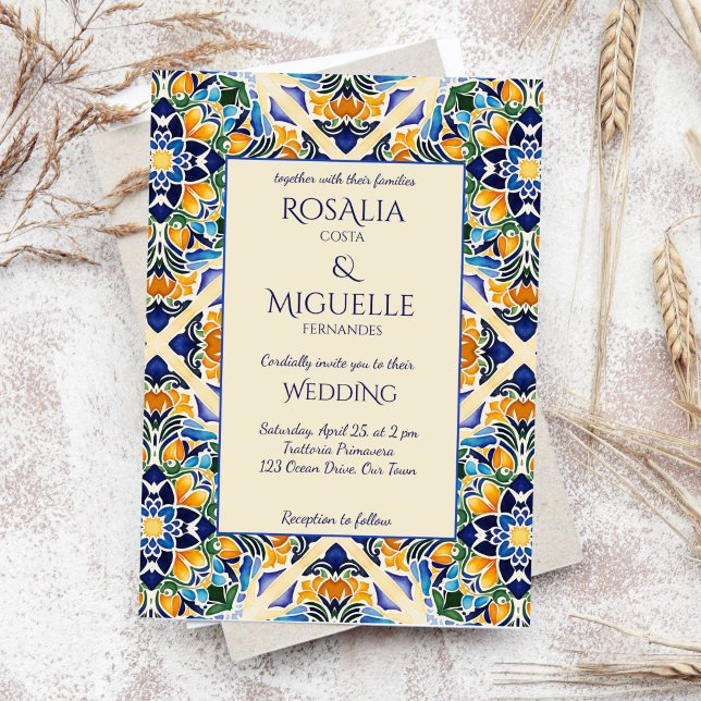 Talavera azulejo blue tile vintage Mexican wedding Invitation (Talavera azulejo blue tiles vintage Mexican wedding Invitation editable template instant download)