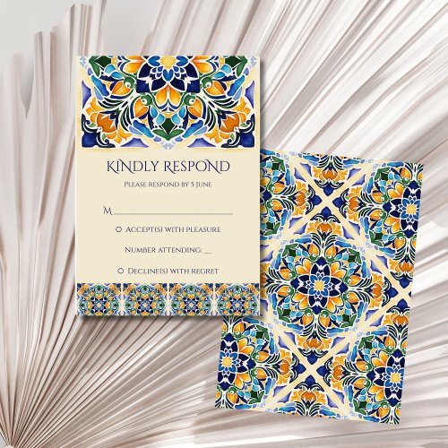 Talavera azulejo blue tile vintage Mexican wedding RSVP Card