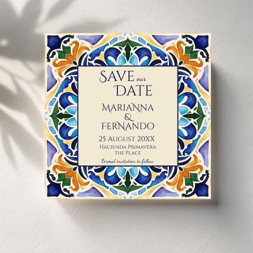 Talavera azulejo blue tile vintage Mexican wedding Save The Date