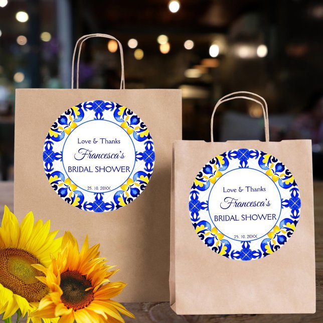 Talavera azulejo blue tiles bridal shower favor classic round sticker (Talavera azulejo blue yellow tiles bridal shower thank you favor sticker bridal shower favors)