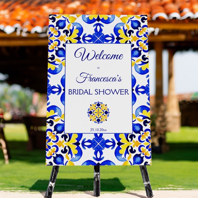 Talavera azulejo blue tiles bridal shower welcome foam board (Talavera azulejo blue yellow tiles vintage Mexican bridal shower welcome sign board entrance decor)