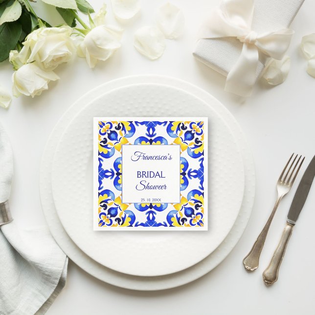 Talavera azulejo blue tiles Mexican bridal shower Napkins (Talavera azulejo blue tiles vintage Mexican bridal shower monogram printed Napkins personalized deco)