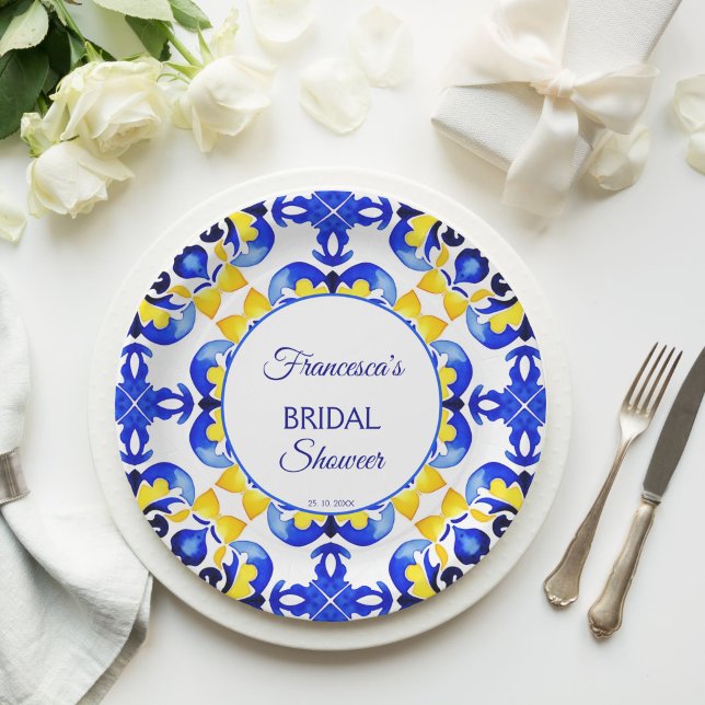 Talavera azulejo blue tiles Mexican bridal shower Paper Plates (Talavera azulejo yellow blue tiles vintage Mexican bridal shower Paper Plates personalized decor)