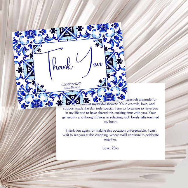 Talavera azulejo blue tiles Mexican bridal shower Thank You Card (Talavera azulejo Mexican blue tiles bridal shower Thank You Card maiolica Mediterranean wedding )