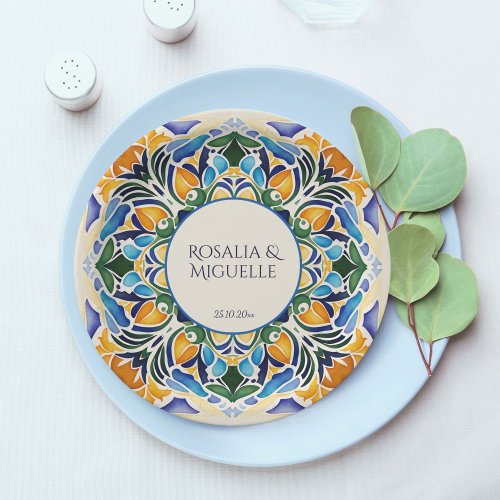 Talavera azulejo blue vintage Mexican monogram Paper Plates