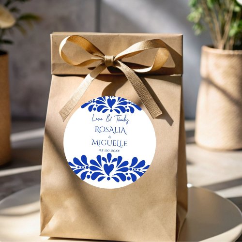 Talavera azulejo blue vintage Mexican wedding Classic Round Sticker