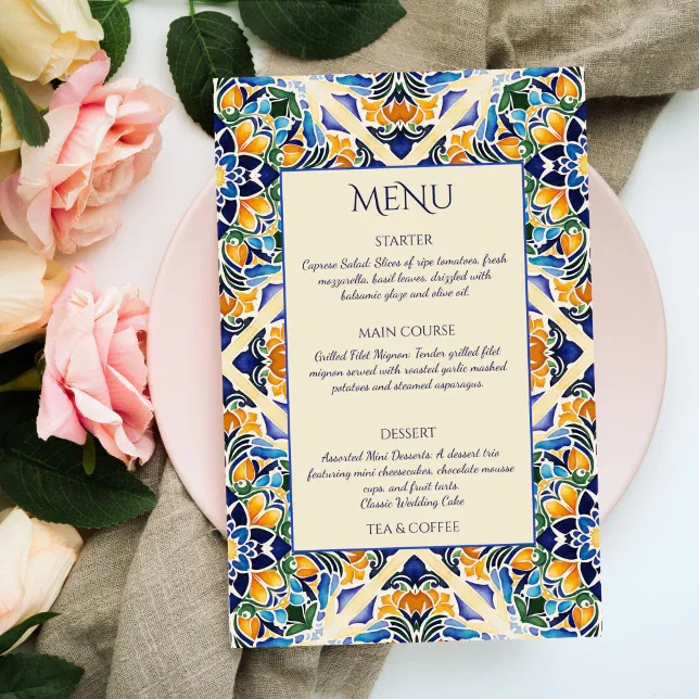 Talavera azulejo blue vintage tiles menu card | Zazzle