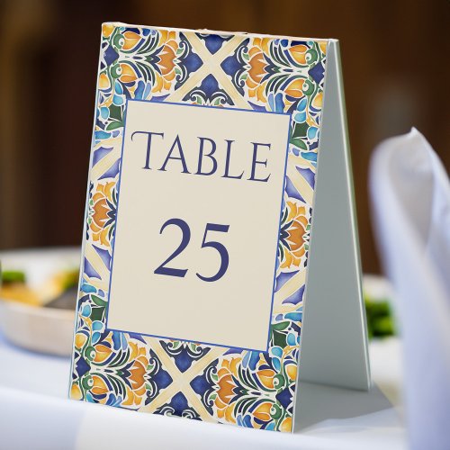 Talavera azulejo blue vintage tiles tabale number table tent sign