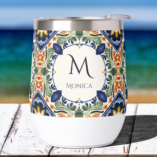 Talavera Azulejo tile bridesmaids gifts monogram Thermal Wine Tumbler