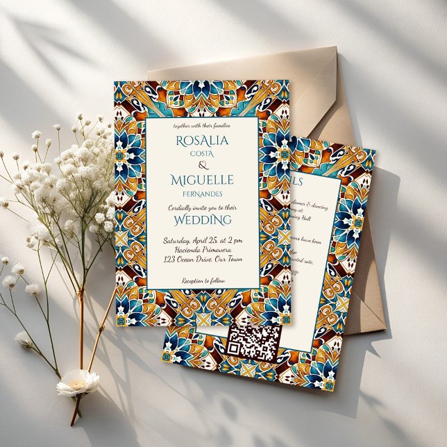 Talavera azulejo tile vintage Mexican wedding Invitation (Talavera azulejo tiles vintage Mexican wedding Invitation with rsvp all in one template)