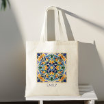 Talavera azulejo vintage Mexican customized name Tote Bag<br><div class="desc">Blue and brown colorful vintage Mexican wedding talavera azulejo tiles personalized name tote bag bridesmaids gifts bridal party favors gifts for her</div>