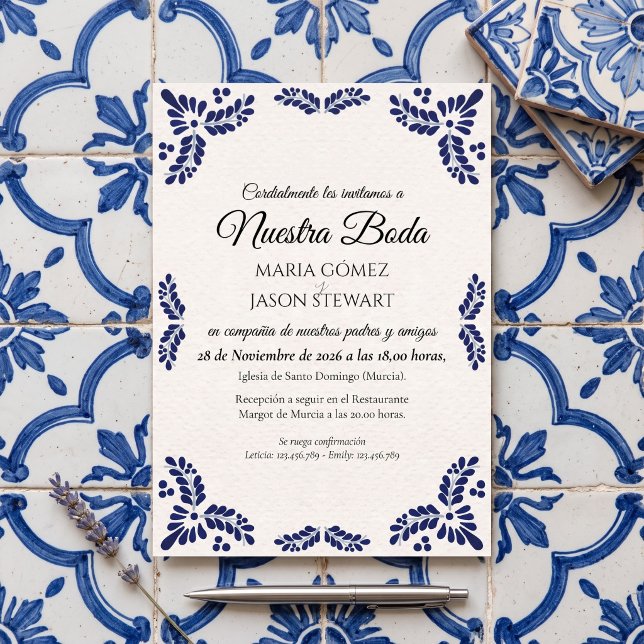 Talavera Black Floral Minimalist Spanish Wedding Invitation (Talavera Black Floral Minimalist Spanish Wedding Invitation)
