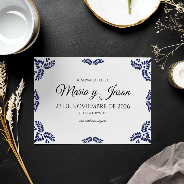 Talavera Black Floral Minimalist Spanish Wedding Save The Date (Talavera Black Floral Minimalist Spanish Wedding Save The Date)