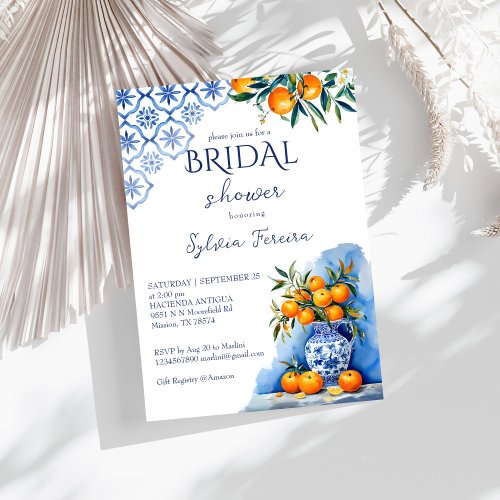 Talavera blue chinoiserie citrus bridal shower invitation