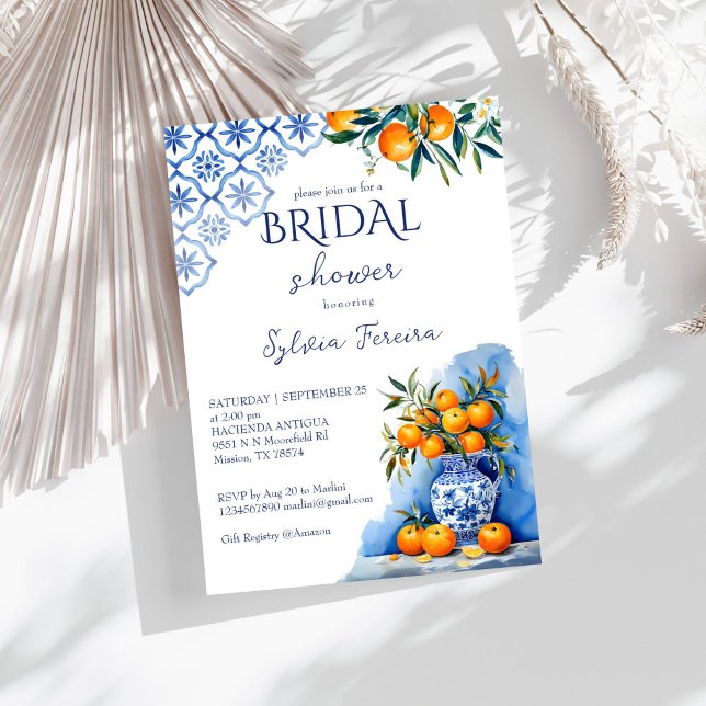 Talavera blue chinoiserie citrus bridal shower invitation (Talavera blue chinoiserie citrus oranges summer bridal shower invitation template instant download)