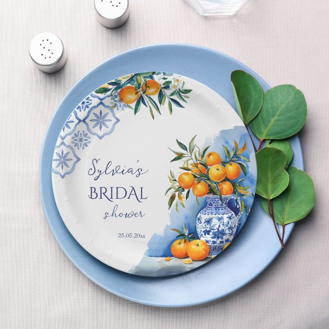 Talavera blue chinoiserie citrus bridal shower paper plates (Talavera blue chinoiserie orange citrus Mexican Hacienda summer Spanish bridal shower paper plates)