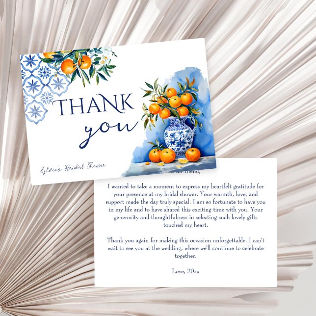 Talavera blue chinoiserie citrus bridal shower thank you card (Talavera blue chinoiserie oranges citrus vintage Mexican Spanish bridal shower thank you card)