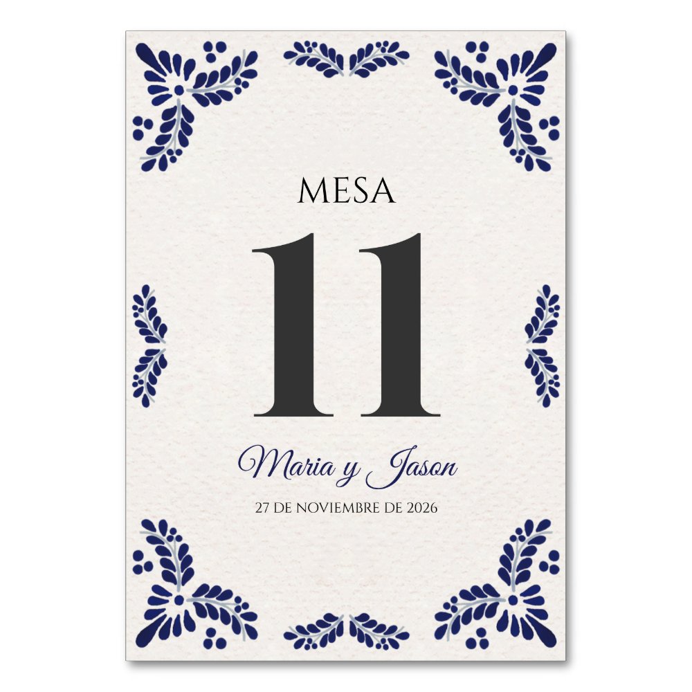 Talavera Blue Floral Minimalist Spanish Wedding Table Number