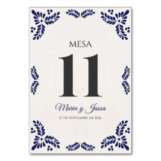 Talavera Blue Floral Minimalist Spanish Wedding Table Number