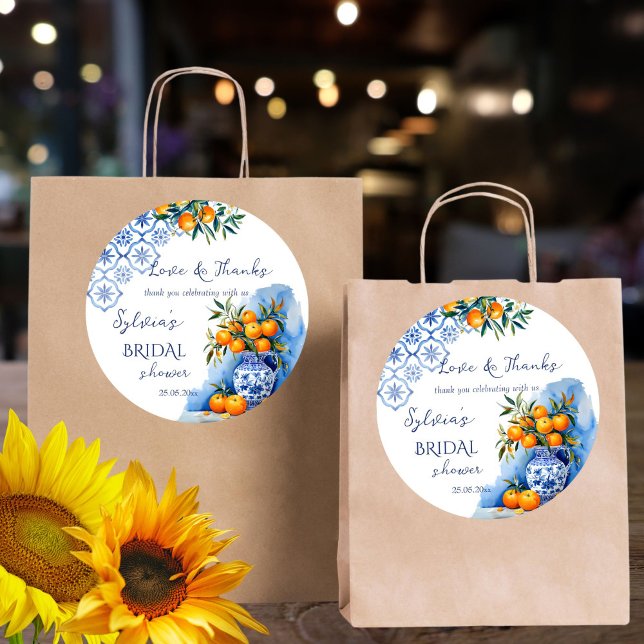 Talavera blue oranges citrus bridal shower favor classic round sticker (Talavera blue oranges citrus Mexican Hacienda summer bridal shower thank you favor sticker template)