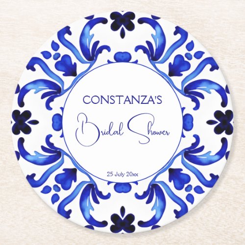 Talavera blue tiles Mexican bridal shower favors Round Paper Coaster